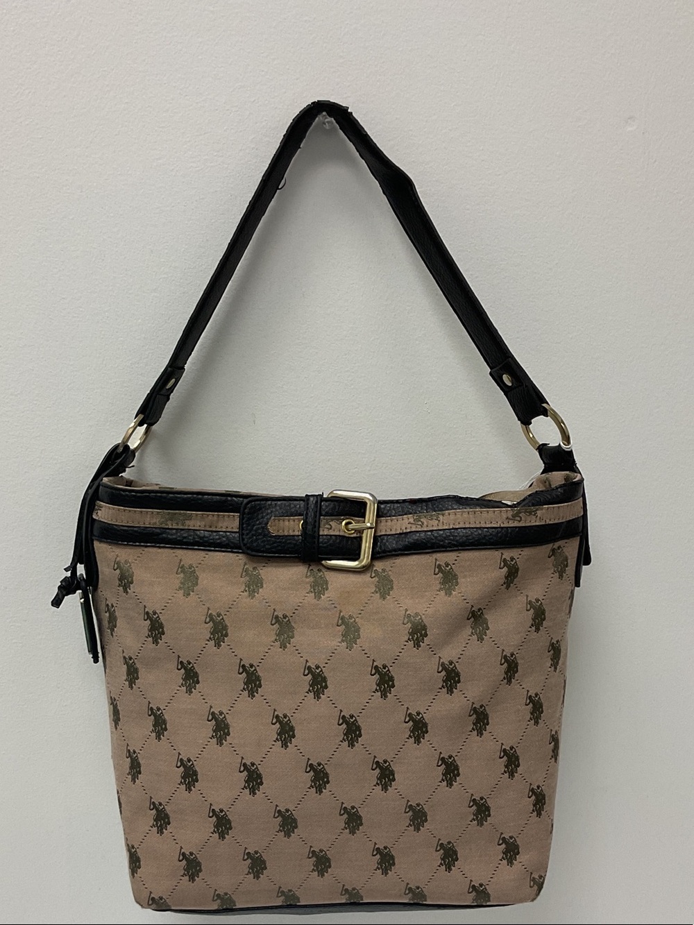 U.S. Polo Assn. Beige and Black Logo-Pattern Shoulder Bag